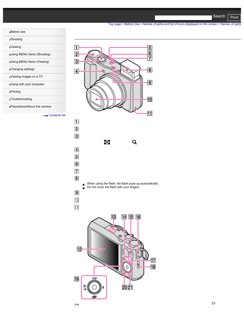 Names of parts, Cyber-shot user guide print search | Sony DSC-HX30V User Manual | Page 32 / 276