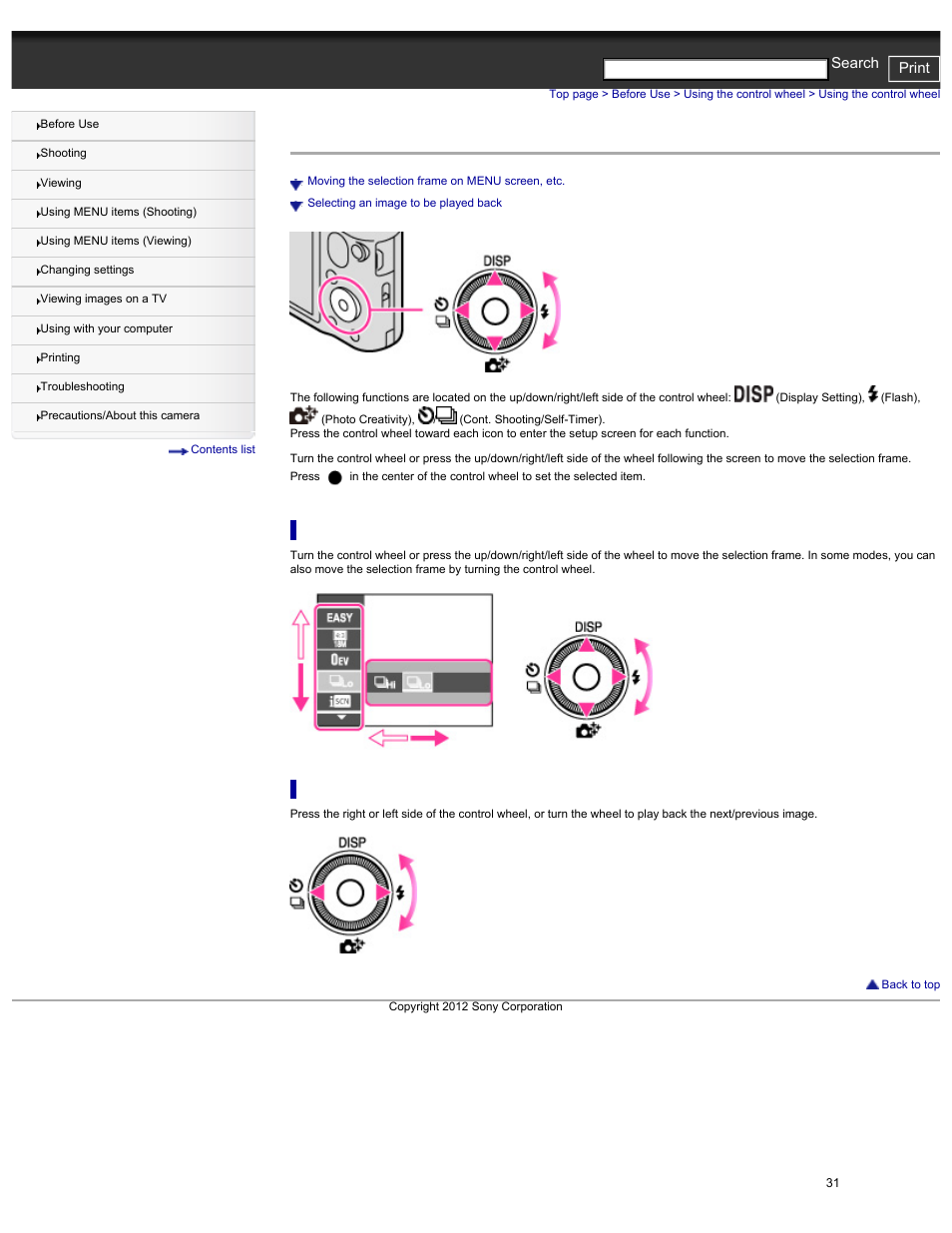 Using the control wheel, Cyber-shot user guide print search | Sony DSC-HX30V User Manual | Page 40 / 276