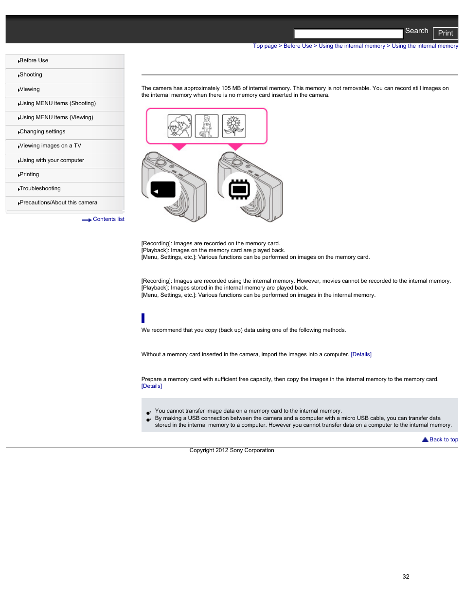 Using the internal memory, Cyber-shot user guide print search | Sony DSC-HX30V User Manual | Page 41 / 276