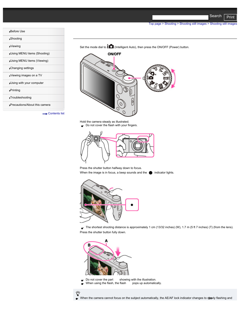 Shooting still images, Cyber-shot user guide print search | Sony DSC-HX30V User Manual | Page 43 / 276