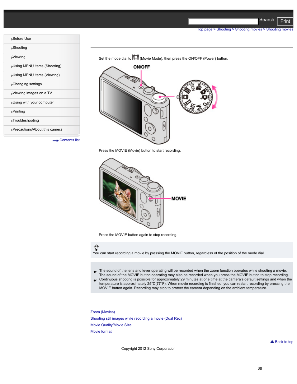 Shooting movies, Cyber-shot user guide print search | Sony DSC-HX30V User Manual | Page 47 / 276