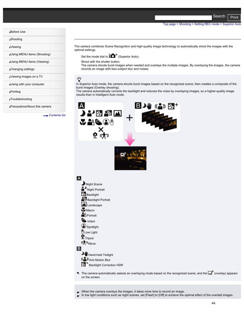 Superior auto, Cyber-shot user guide print search | Sony DSC-HX30V User Manual | Page 53 / 276