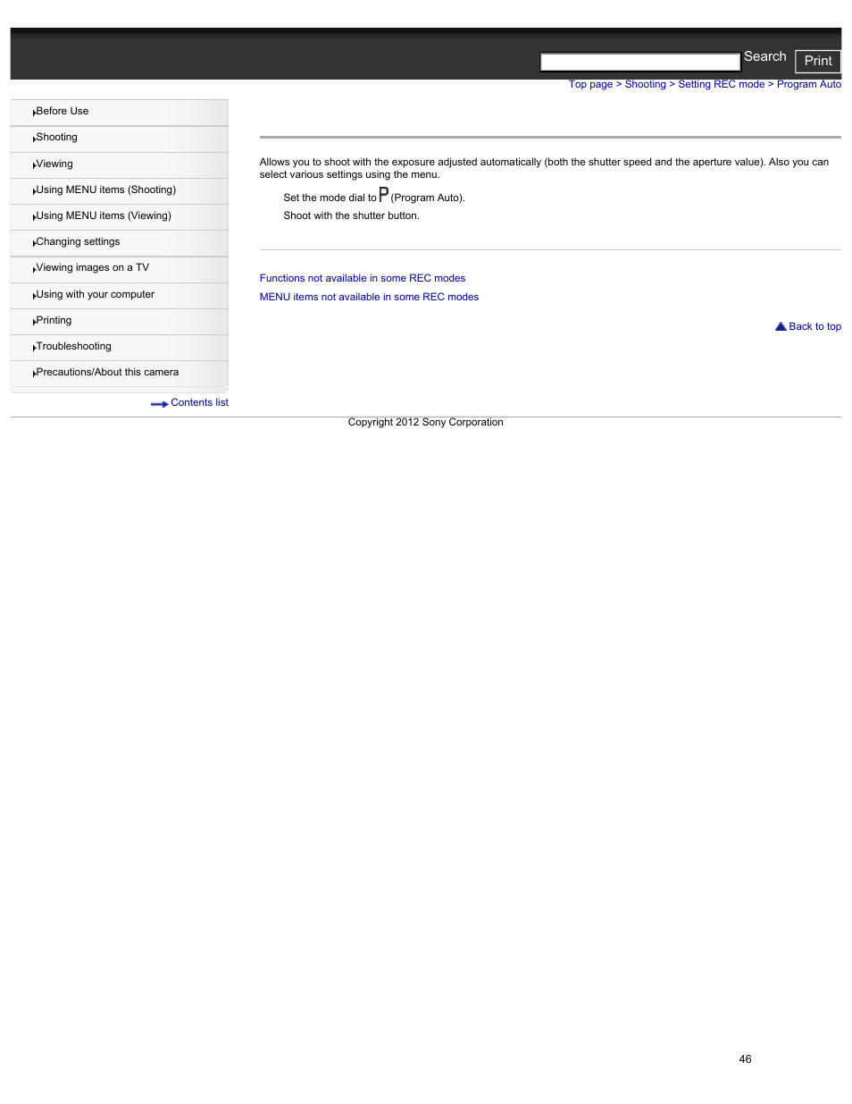 Program auto, Cyber-shot user guide print search | Sony DSC-HX30V User Manual | Page 55 / 276