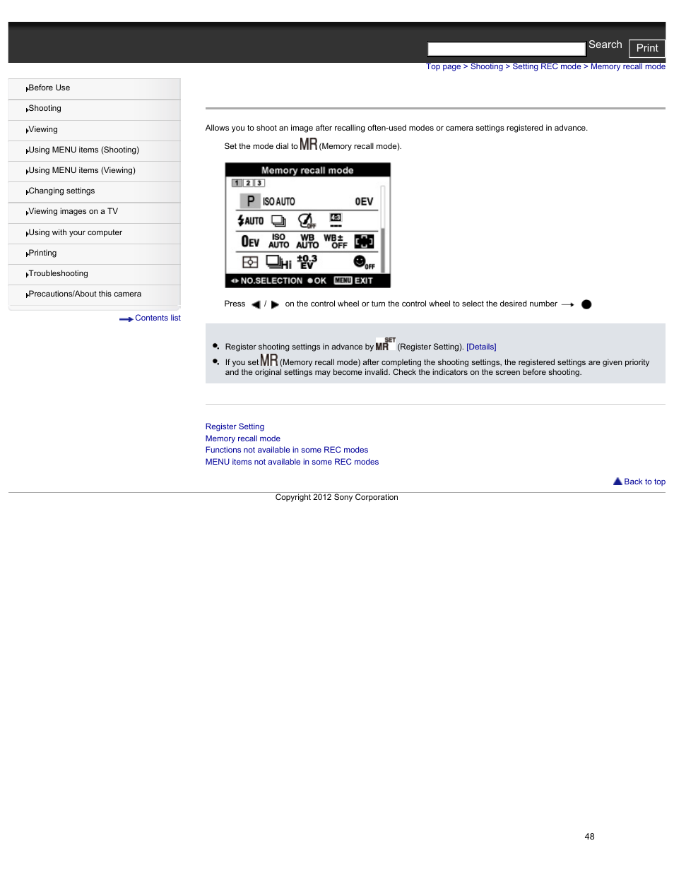 Memory recall mode, Cyber-shot user guide print search | Sony DSC-HX30V User Manual | Page 57 / 276
