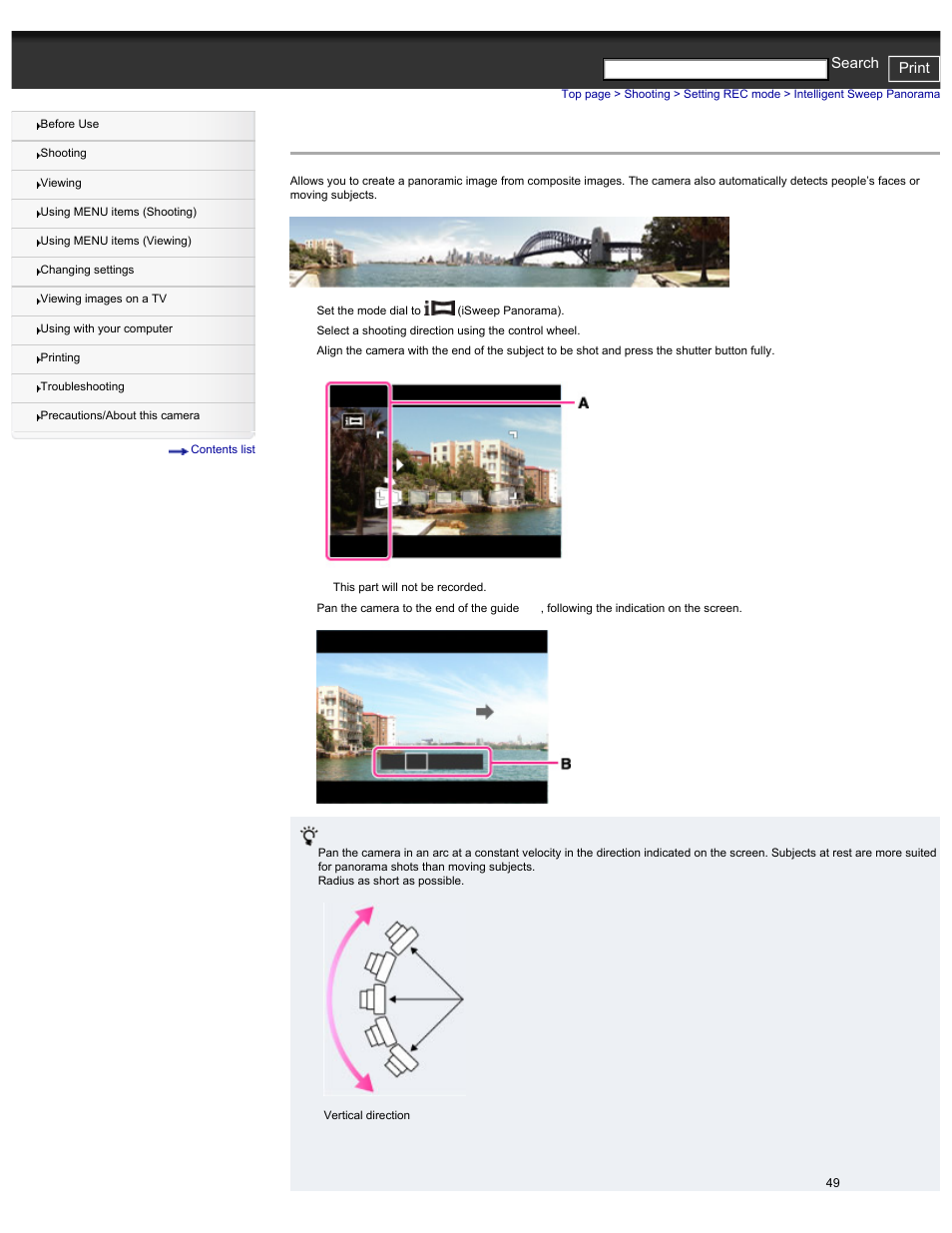 Intelligent sweep panorama, Cyber-shot user guide print search | Sony DSC-HX30V User Manual | Page 58 / 276