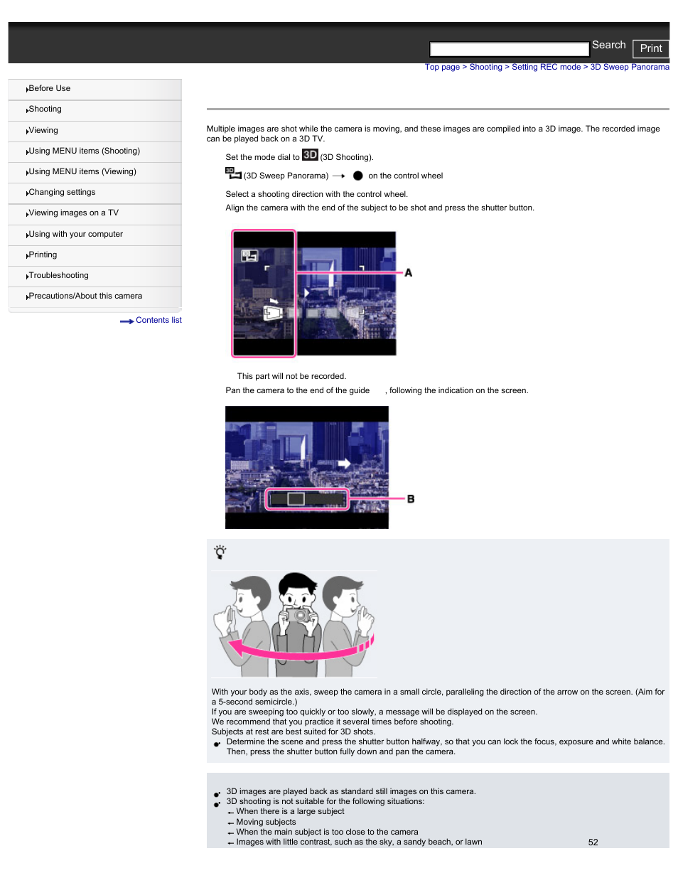 3d sweep panorama, Cyber-shot user guide print search | Sony DSC-HX30V User Manual | Page 61 / 276