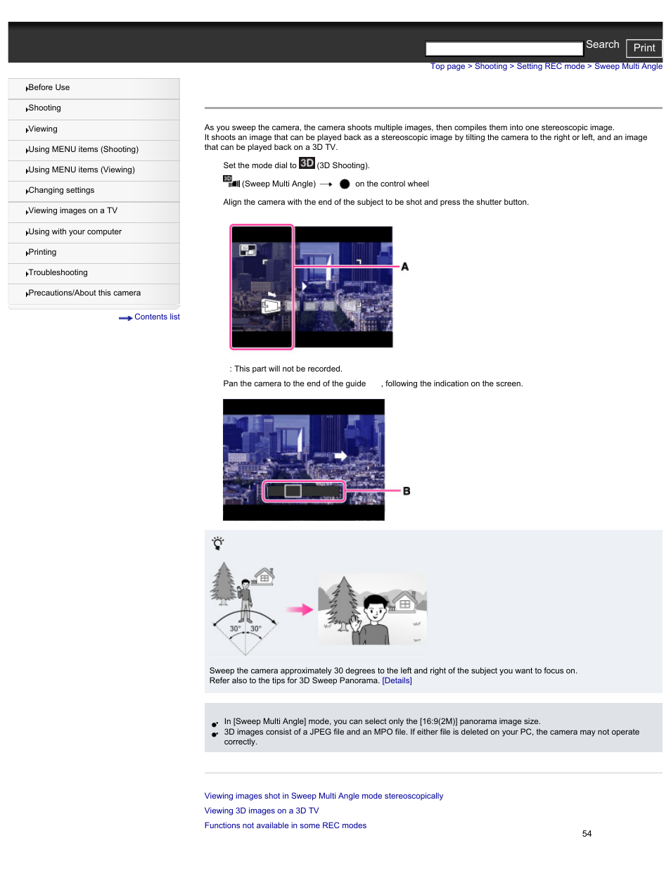 Sweep multi angle, Cyber-shot user guide print search | Sony DSC-HX30V User Manual | Page 63 / 276