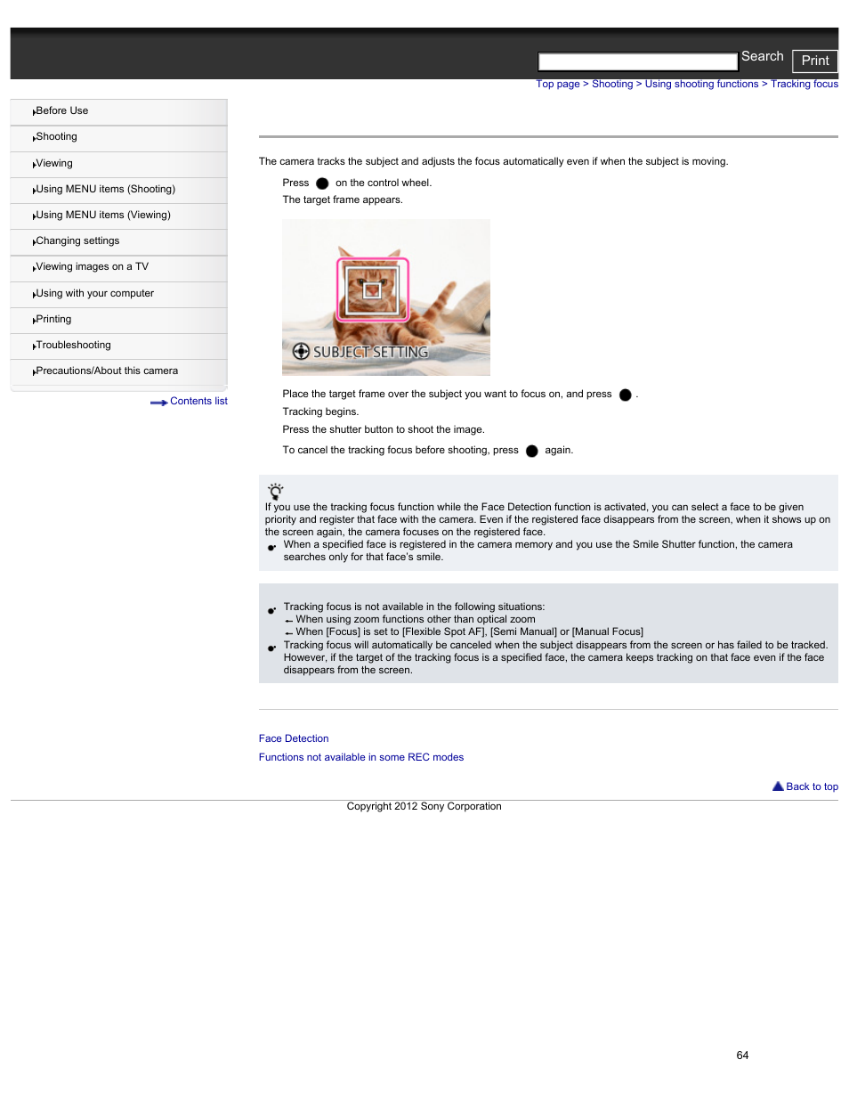 Tracking focus, Details, Cyber-shot user guide print search | Sony DSC-HX30V User Manual | Page 73 / 276