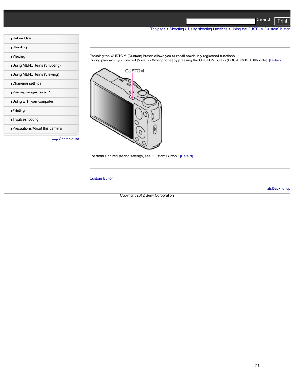 Using the custom (custom) button, Cyber-shot user guide print search | Sony DSC-HX30V User Manual | Page 80 / 276