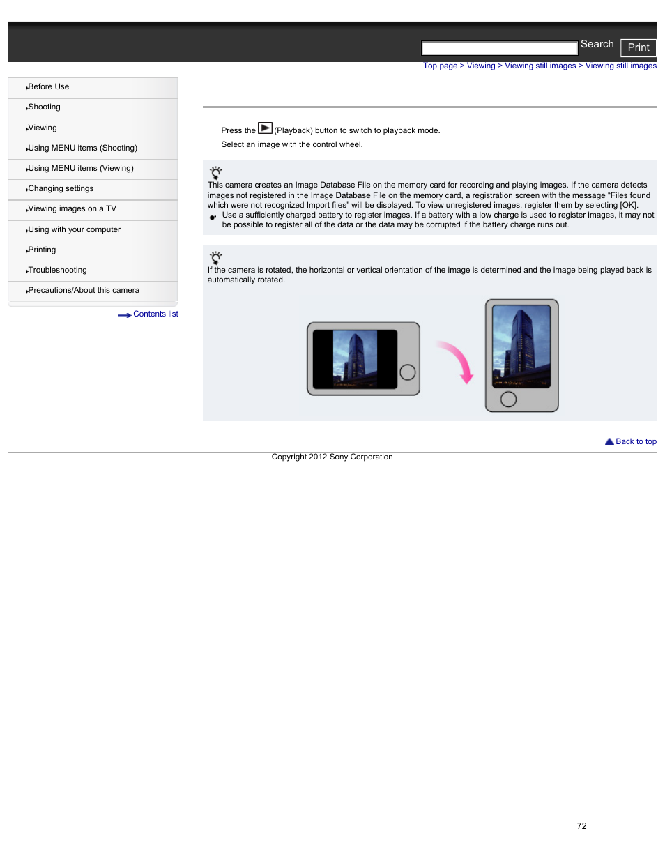 Viewing still images, Cyber-shot user guide print search | Sony DSC-HX30V User Manual | Page 81 / 276