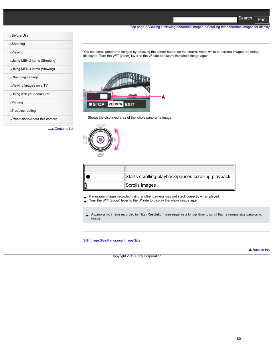 Scrolling the panorama images for display, Cyber-shot user guide print search | Sony DSC-HX30V User Manual | Page 89 / 276