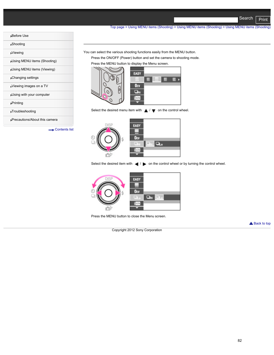 Using menu items (shooting), Cyber-shot user guide print search | Sony DSC-HX30V User Manual | Page 91 / 276