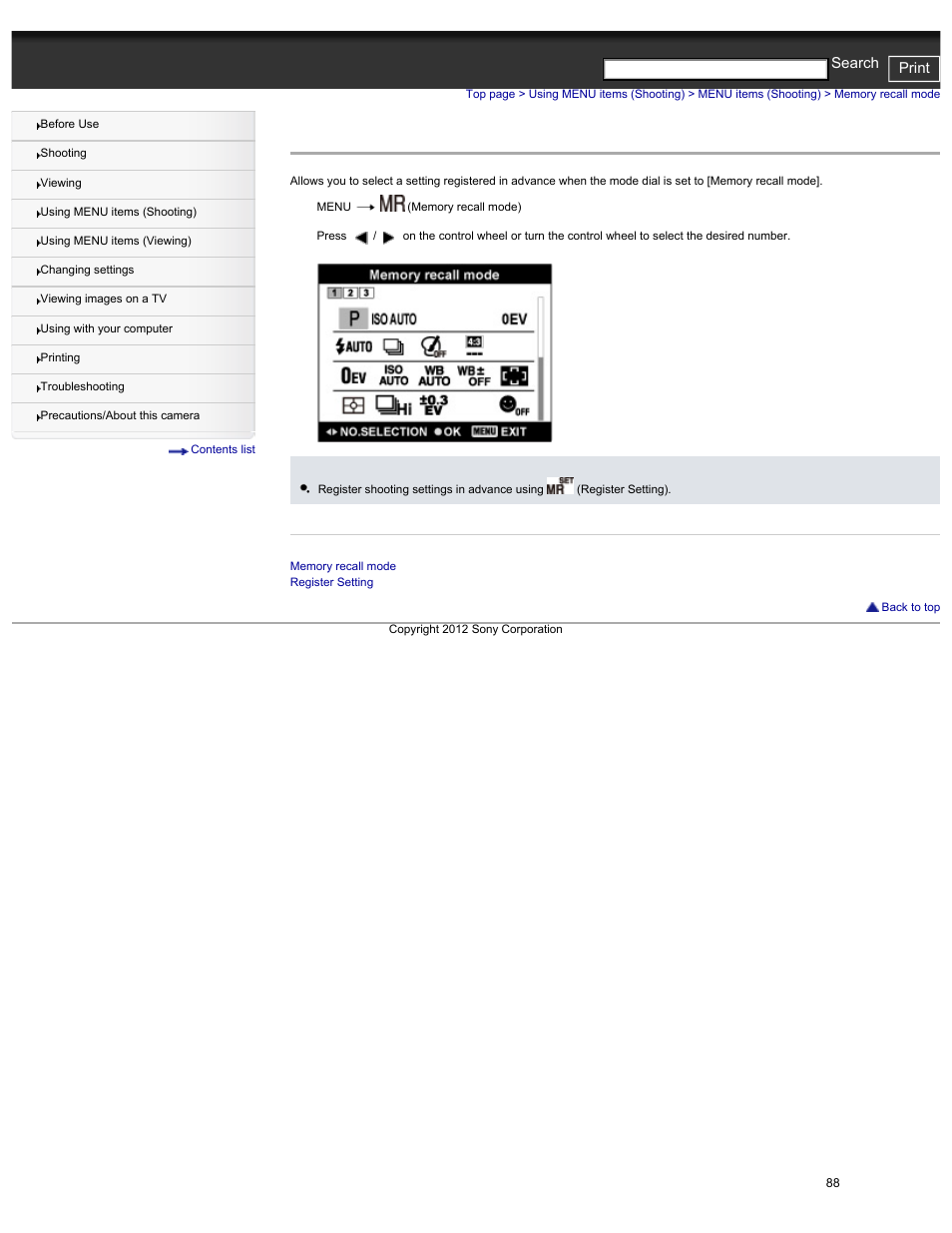Memory recall mode, Cyber-shot user guide print search | Sony DSC-HX30V User Manual | Page 97 / 276