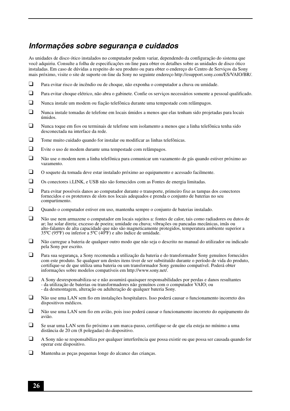 Informações sobre segurança e cuidados | Sony VGN-TZ198N User Manual | Page 26 / 32