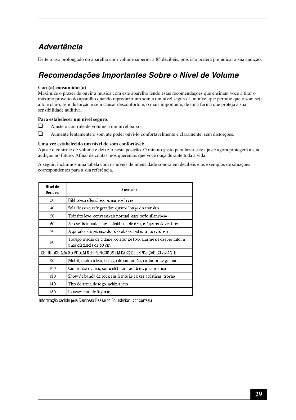 Advertência, Recomendações importantes sobre o nível de volume | Sony VGN-TZ198N User Manual | Page 29 / 32