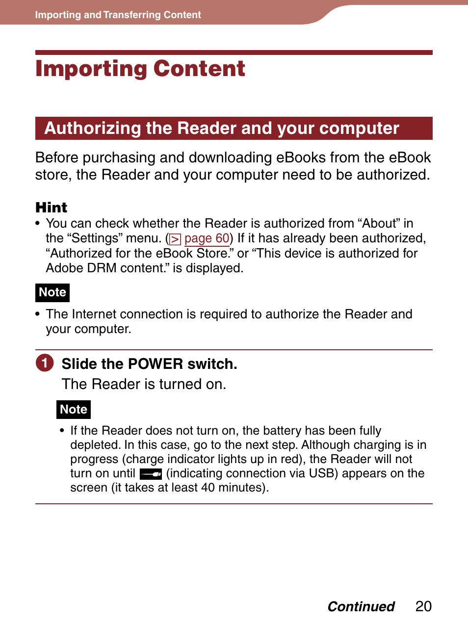 Importing and transferring content, Importing content, Authorizing the reader and your computer | Sony PRS-300LC User Manual | Page 20 / 92