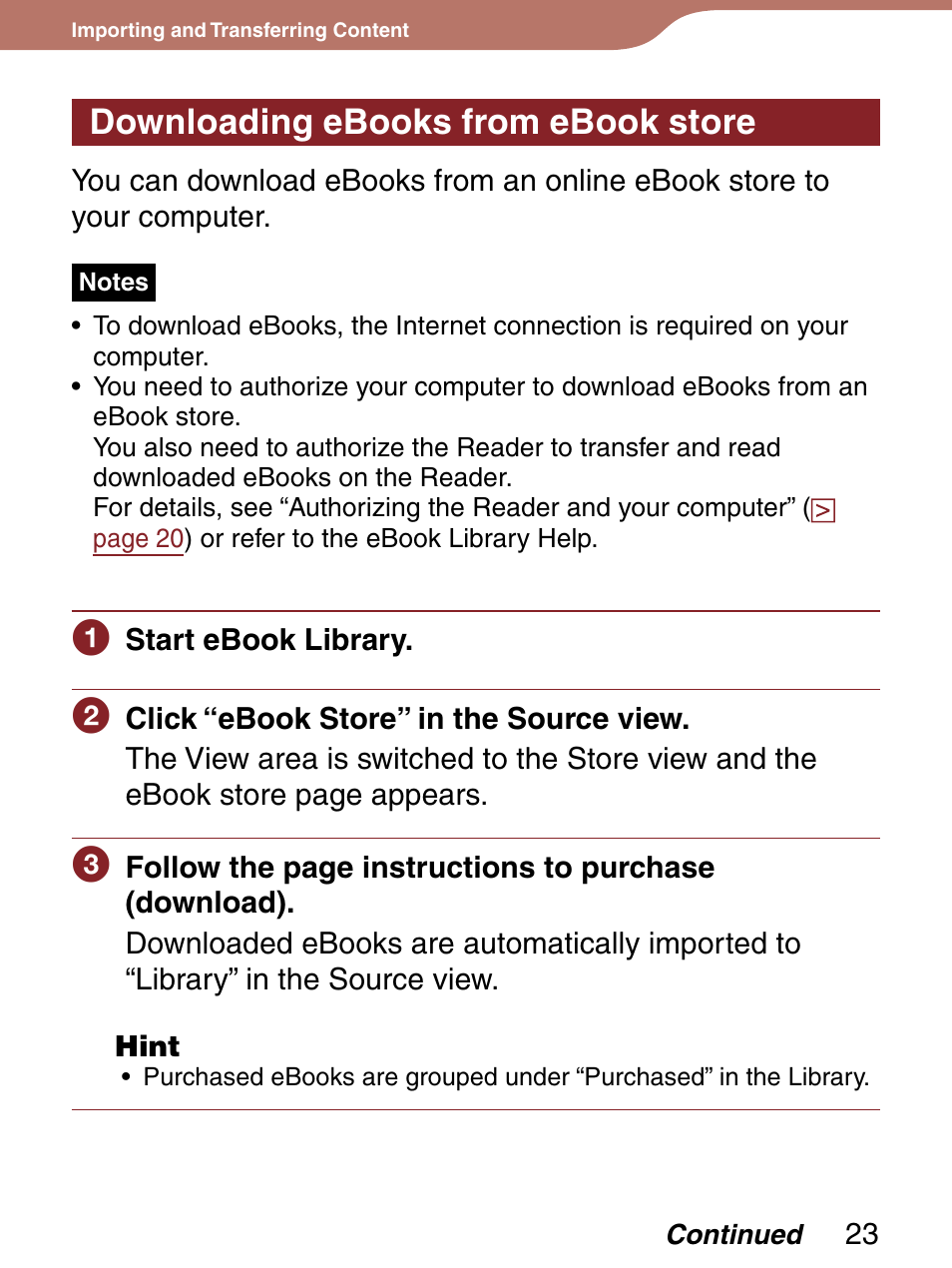 Downloading ebooks from ebook store | Sony PRS-300LC User Manual | Page 23 / 92