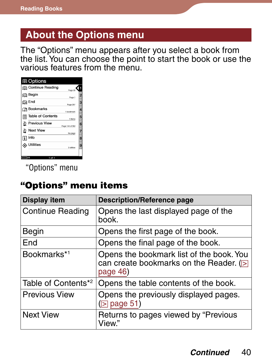 About the options menu | Sony PRS-300LC User Manual | Page 40 / 92