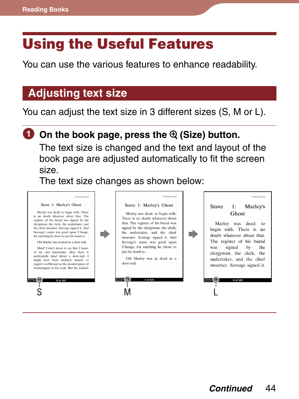 Using the useful features, Adjusting text size | Sony PRS-300LC User Manual | Page 44 / 92