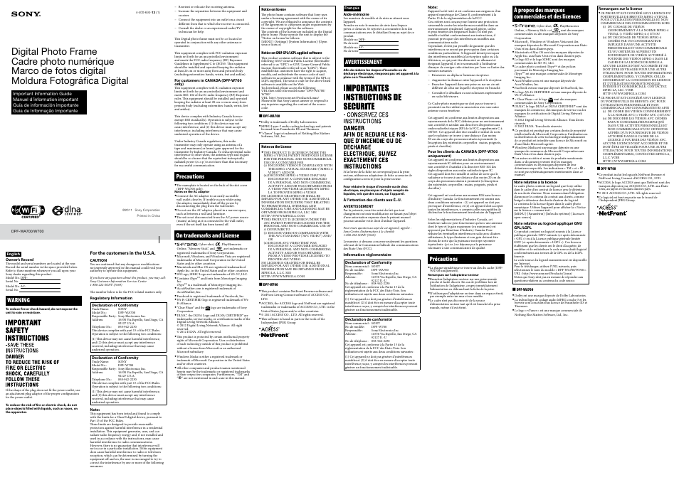 Sony DPF-WA700 User Manual | 2 pages