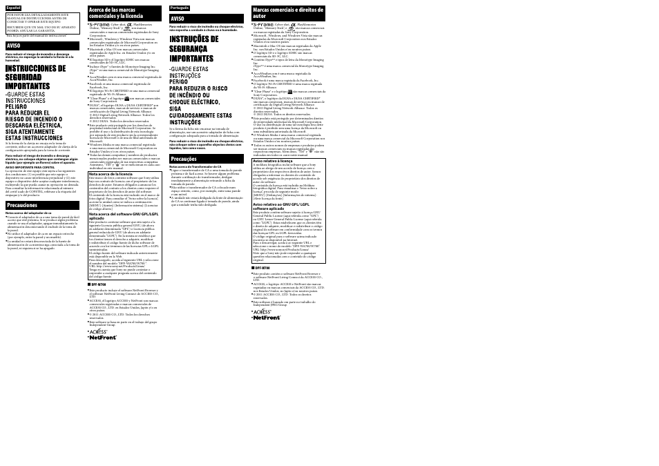 Acerca de las marcas comerciales y la licencia, Aviso, Precauciones | Precauções, Marcas comerciais e direitos de autor | Sony DPF-WA700 User Manual | Page 2 / 2