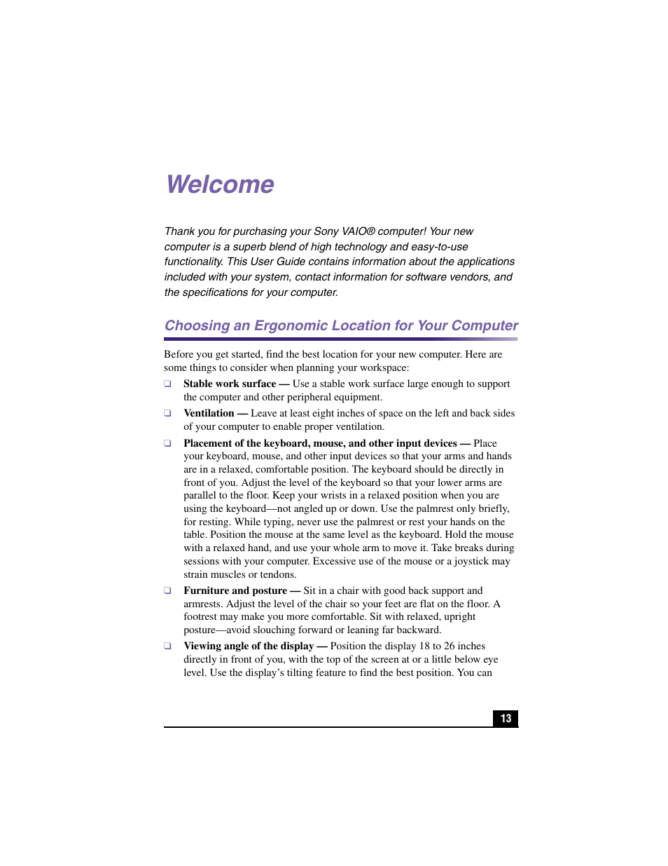 Welcome, Choosing an ergonomic location for your computer | Sony PCV-RX450 User Manual | Page 11 / 98