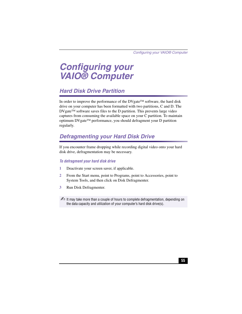 Configuring your vaio® computer, Hard disk drive partition, Defragmenting your hard disk drive | Sony PCV-RX450 User Manual | Page 53 / 98