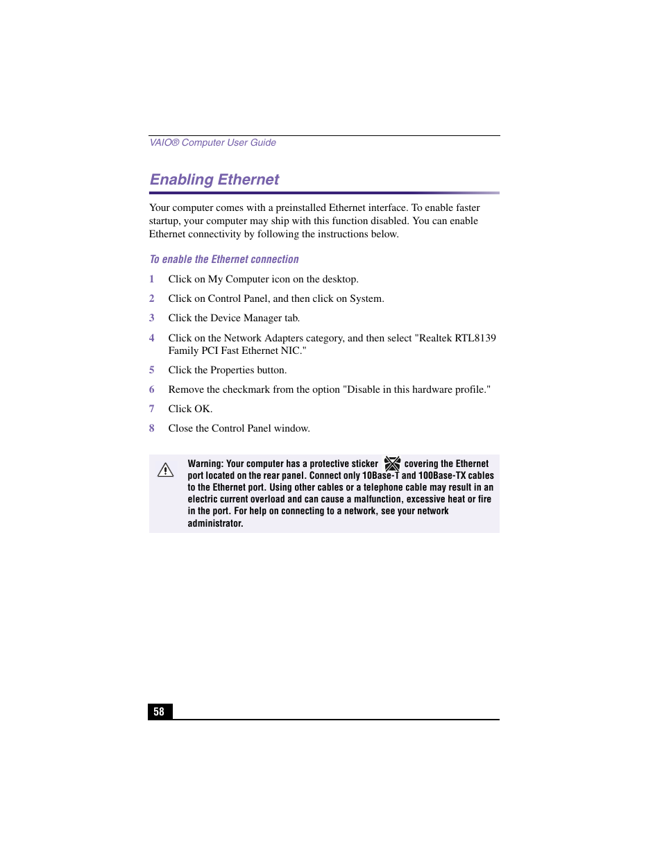 Enabling ethernet | Sony PCV-RX450 User Manual | Page 56 / 98