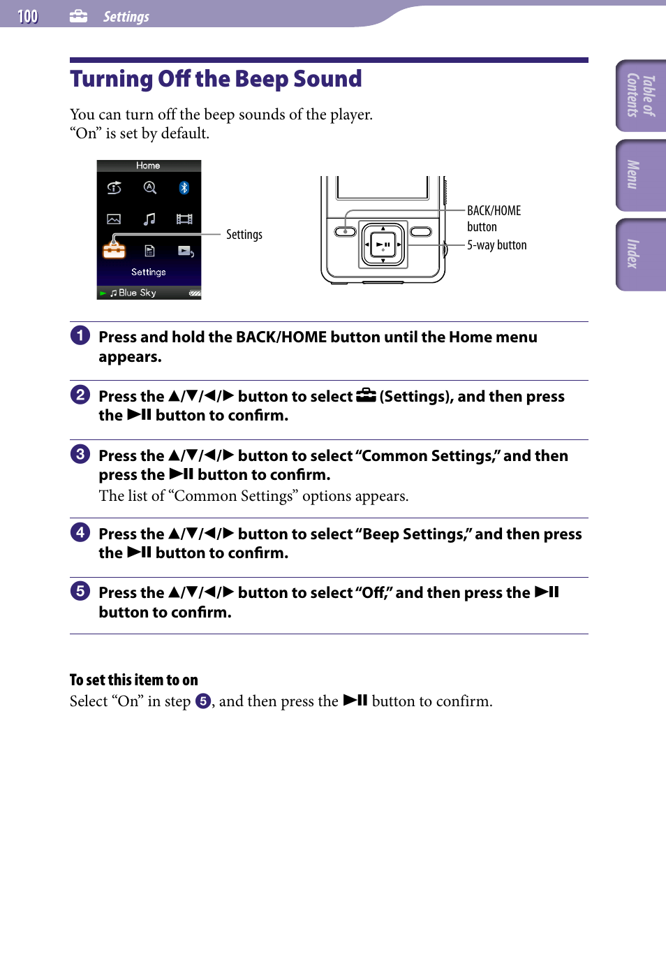 Turning off the beep sound, Beep settings | Sony NWZ-A829 User Manual | Page 100 / 161