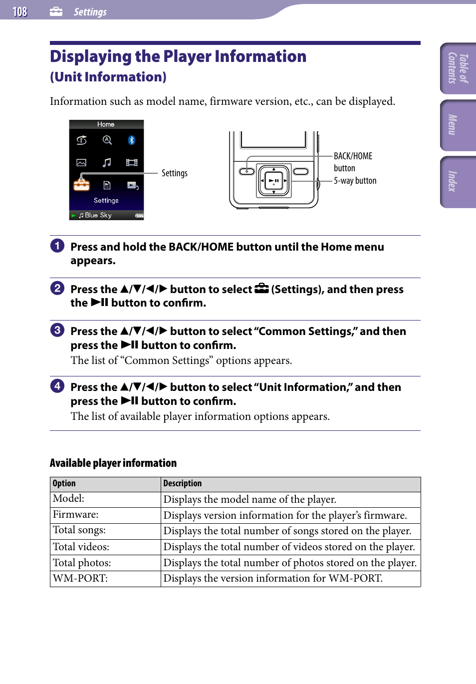 Displaying the player information, Unit information), Unit information | Sony NWZ-A829 User Manual | Page 108 / 161