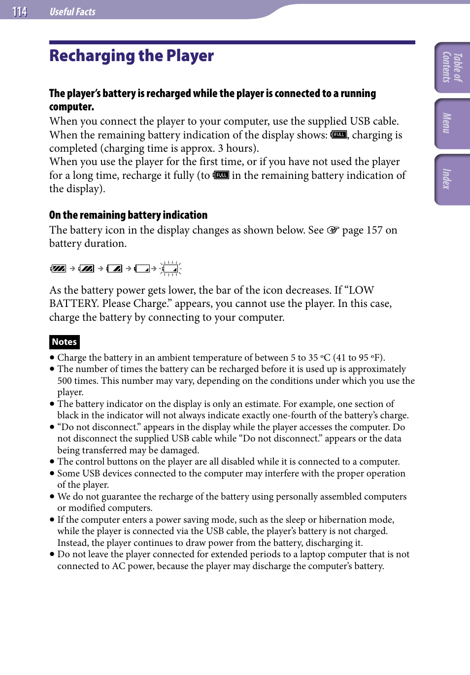 Useful facts, Recharging the player | Sony NWZ-A829 User Manual | Page 114 / 161