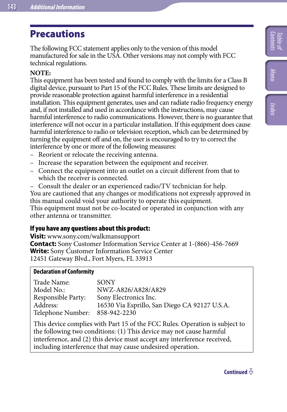 Additional information, Precautions | Sony NWZ-A829 User Manual | Page 143 / 161