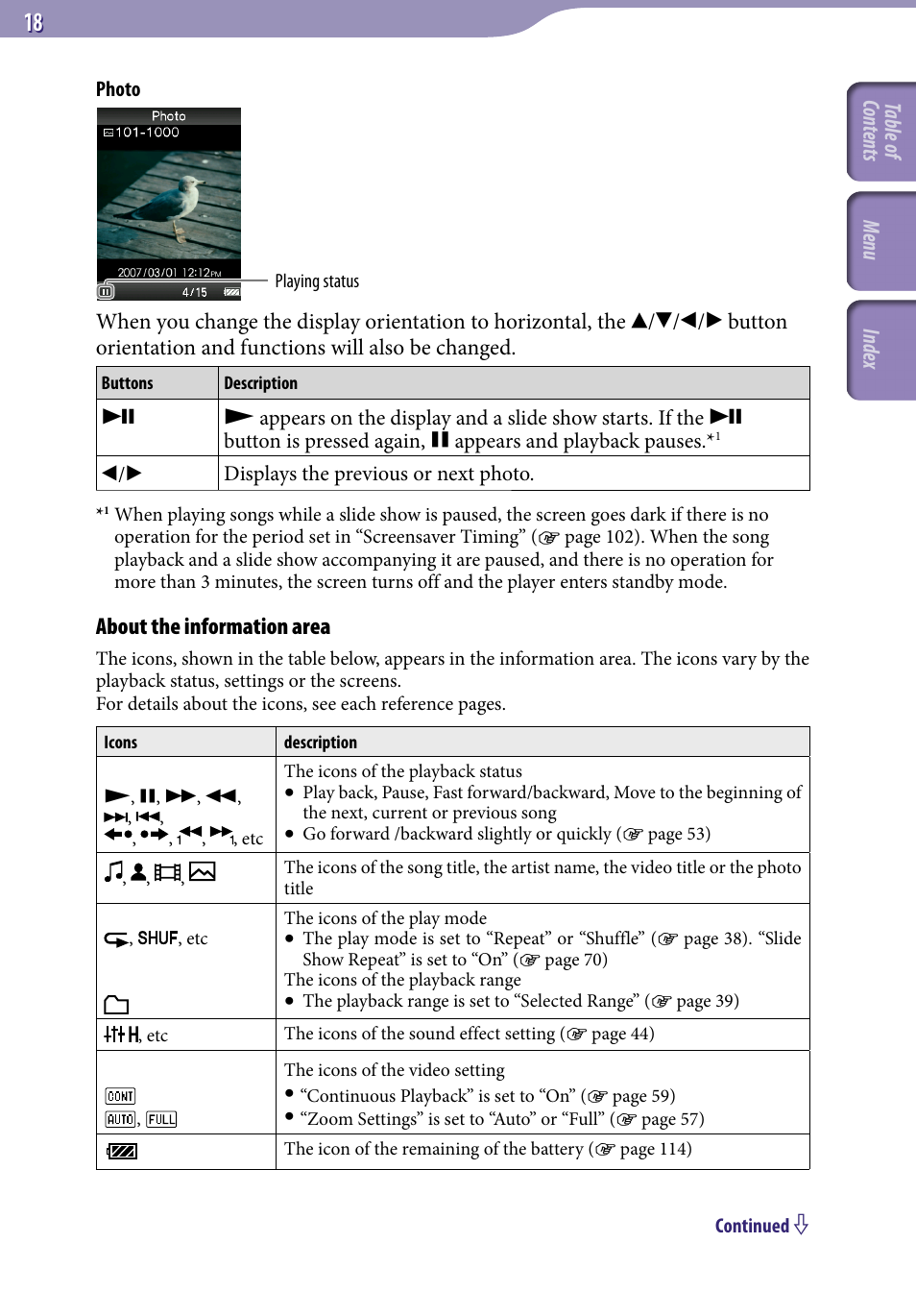About the information area, Table of cont ents menu inde x | Sony NWZ-A829 User Manual | Page 18 / 161