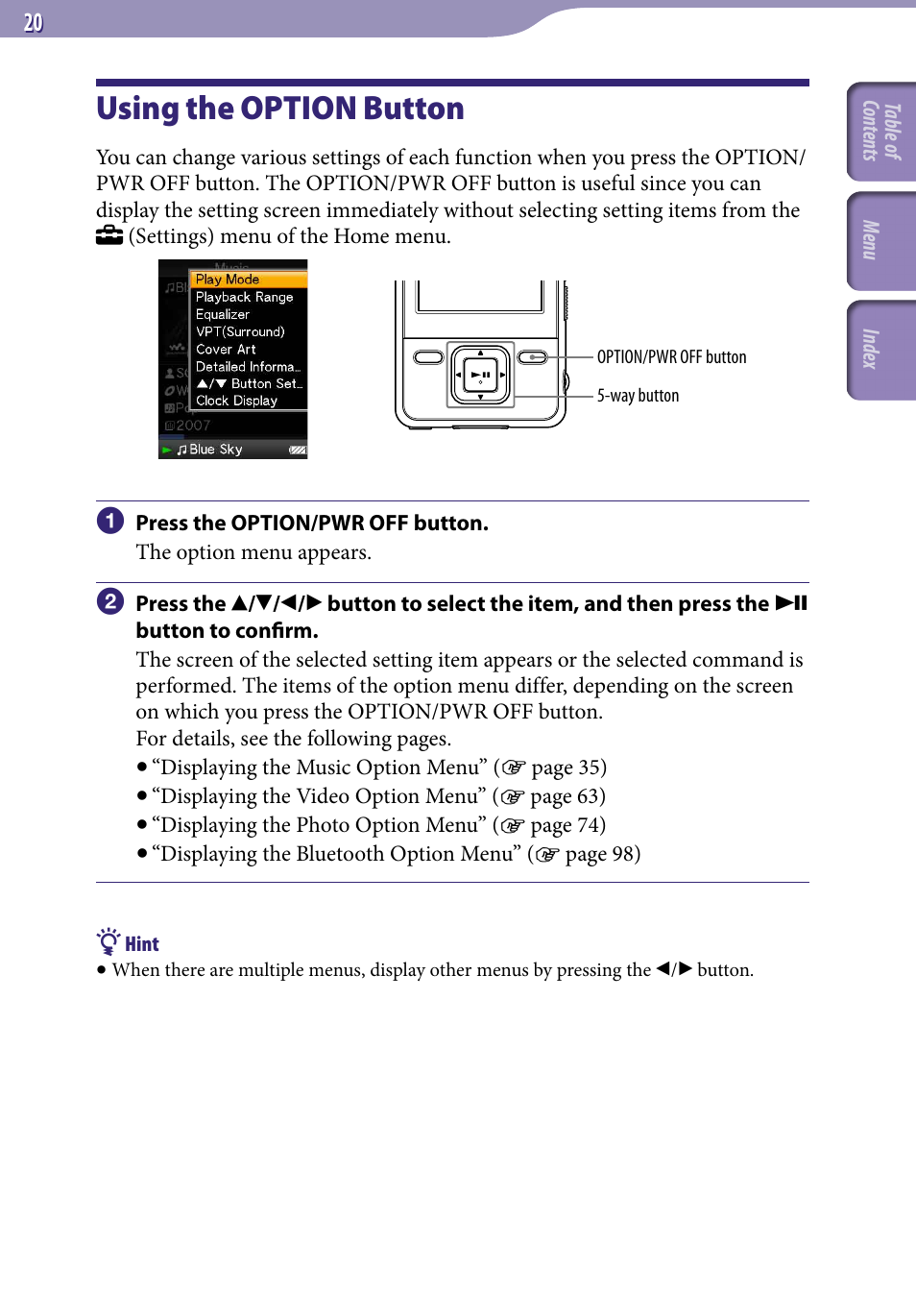 Using the option button | Sony NWZ-A829 User Manual | Page 20 / 161