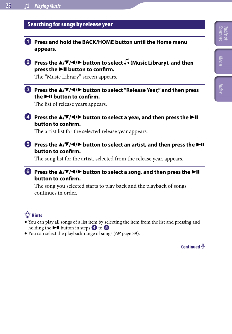 Searching for songs by release year, Release year | Sony NWZ-A829 User Manual | Page 25 / 161
