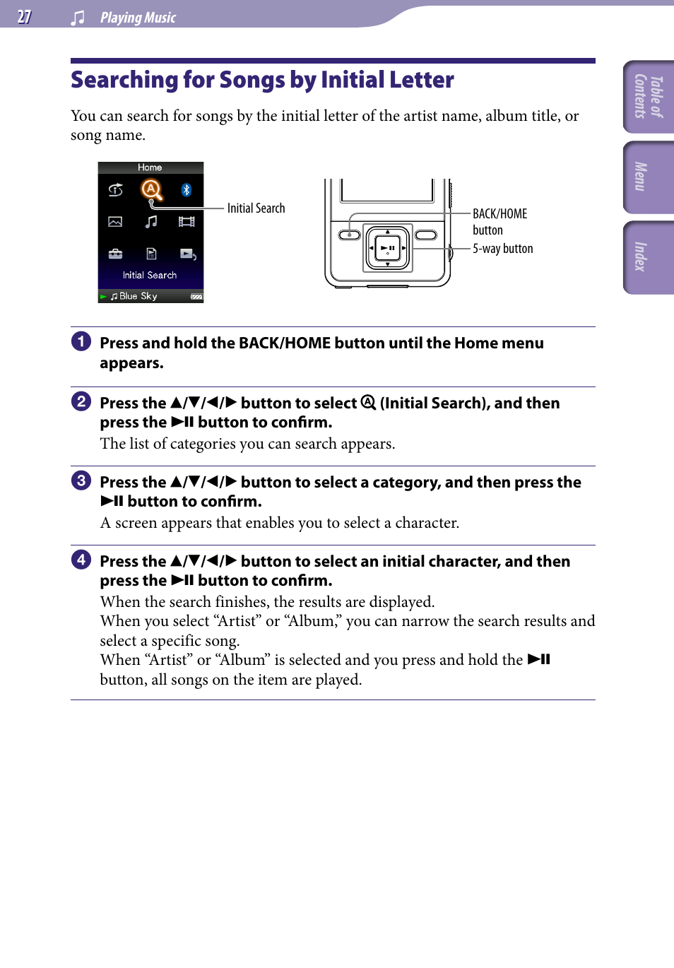 Searching for songs by initial letter, Artist album song | Sony NWZ-A829 User Manual | Page 27 / 161