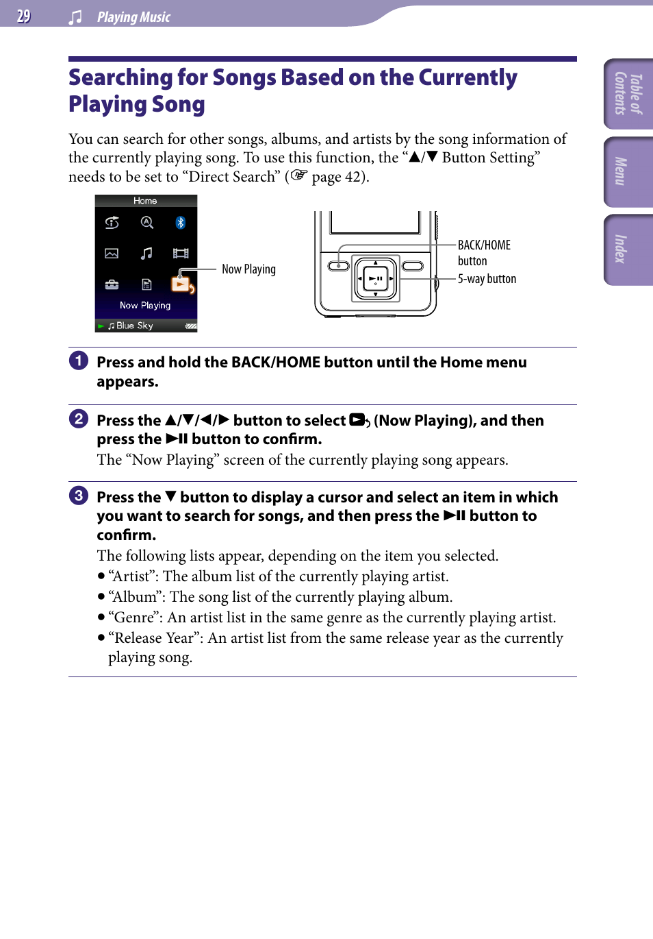 Searching for songs based on the, Currently playing song | Sony NWZ-A829 User Manual | Page 29 / 161