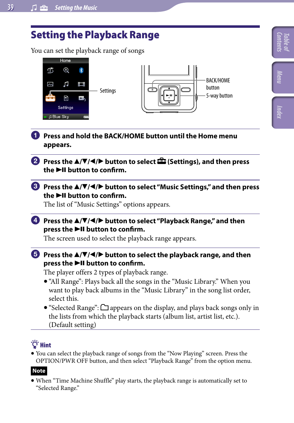 Setting the playback range, Playback range | Sony NWZ-A829 User Manual | Page 39 / 161