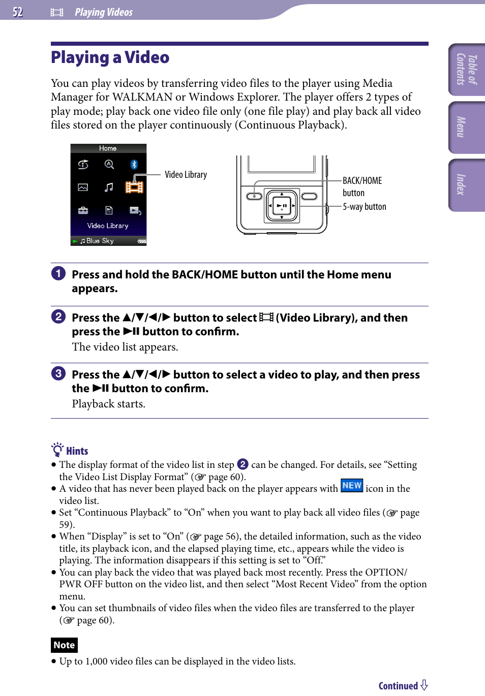 Playing videos, Playing a video, Video library | Sony NWZ-A829 User Manual | Page 52 / 161