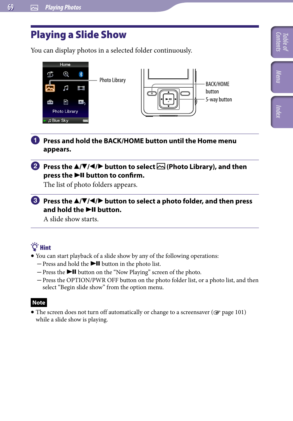 Playing a slide show | Sony NWZ-A829 User Manual | Page 69 / 161