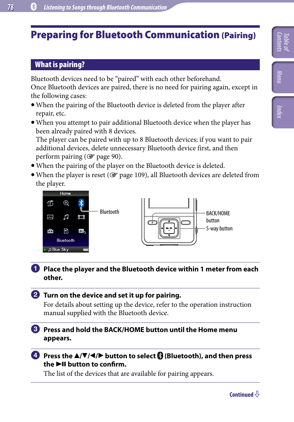 Preparing for bluetooth communication (pairing), What is pairing, Preparing for bluetooth communication | Pairing), Pairing | Sony NWZ-A829 User Manual | Page 78 / 161