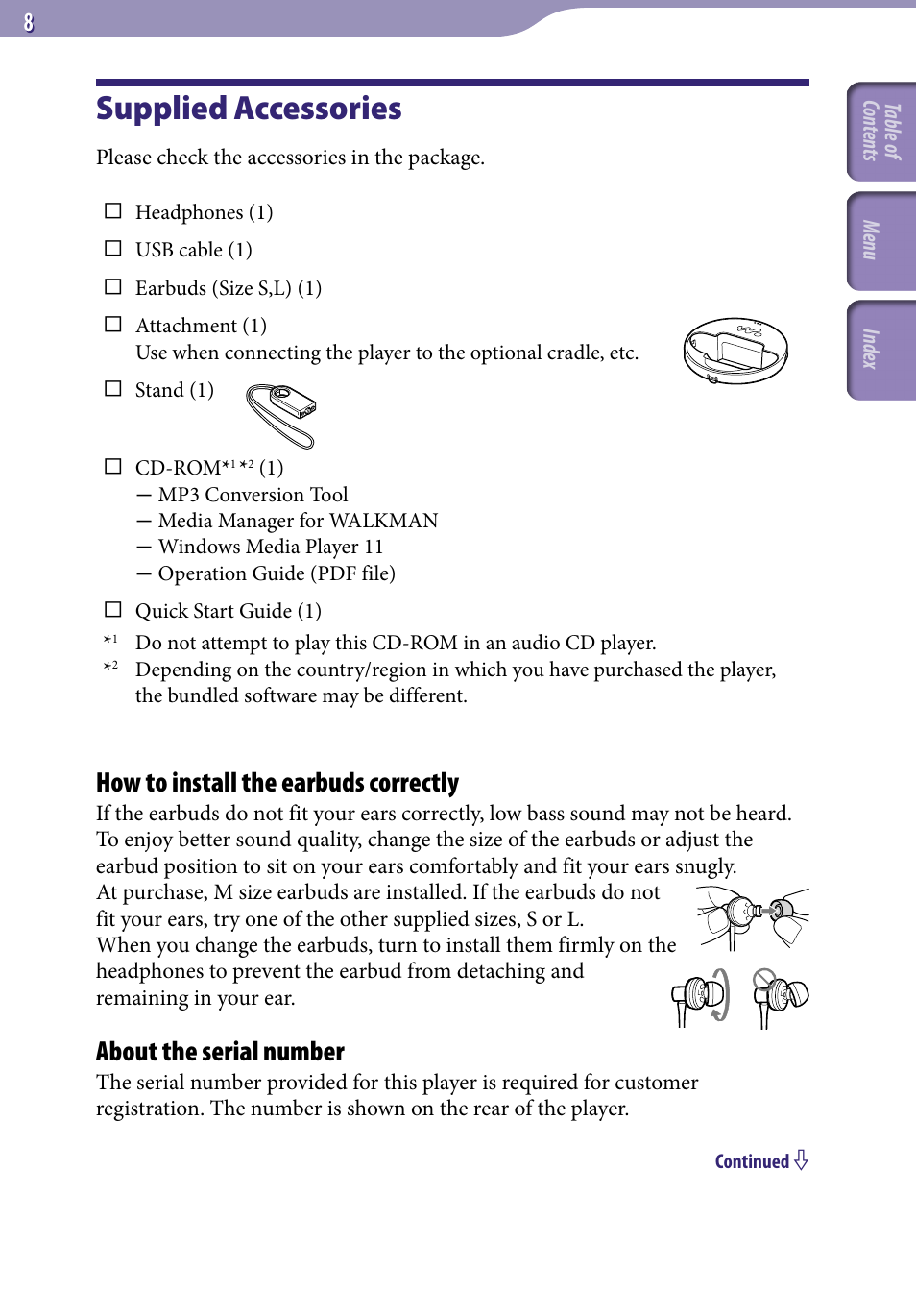 Supplied accessories, How to install the earbuds correctly, About the serial number | Sony NWZ-A829 User Manual | Page 8 / 161