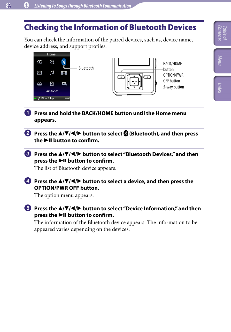 Checking the information of bluetooth devices, Checking the information of bluetooth, Devices | Sony NWZ-A829 User Manual | Page 89 / 161