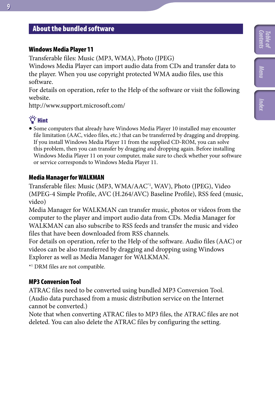 About the bundled software | Sony NWZ-A829 User Manual | Page 9 / 161