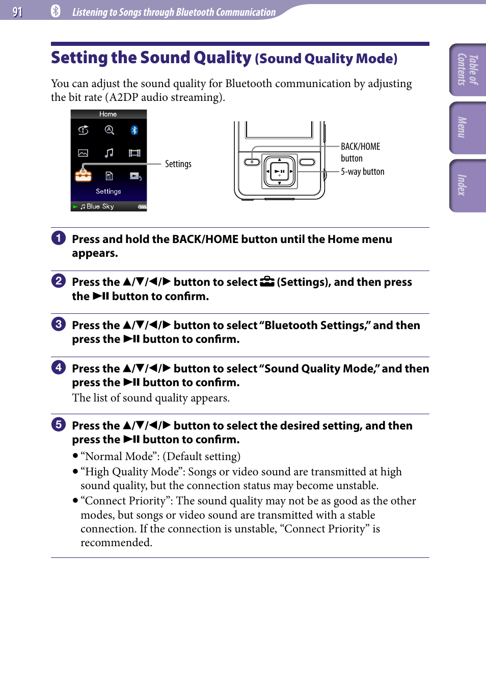 Setting the sound quality (sound quality mode), Setting the sound quality, Sound quality mode) | Sound quality mode | Sony NWZ-A829 User Manual | Page 91 / 161