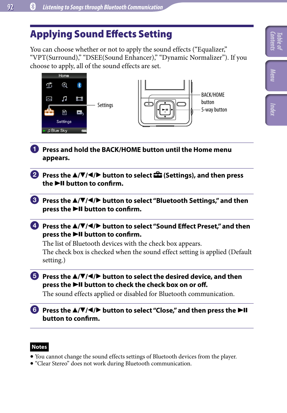 Applying sound effects setting, Sound effect preset | Sony NWZ-A829 User Manual | Page 92 / 161