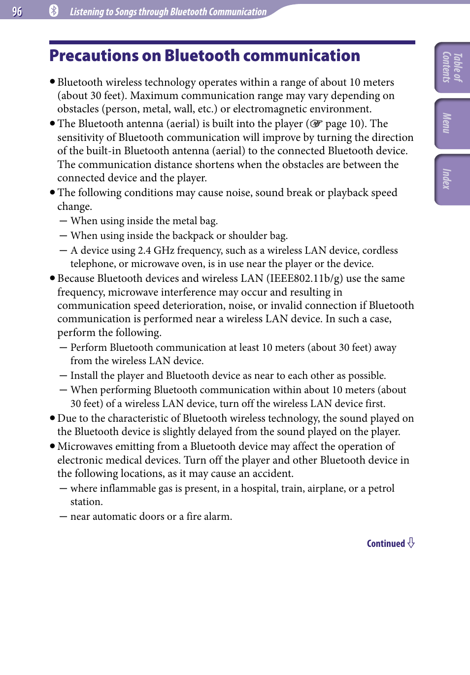 Precautions on bluetooth communication, Precautions on bluetooth, Communication | Sony NWZ-A829 User Manual | Page 96 / 161