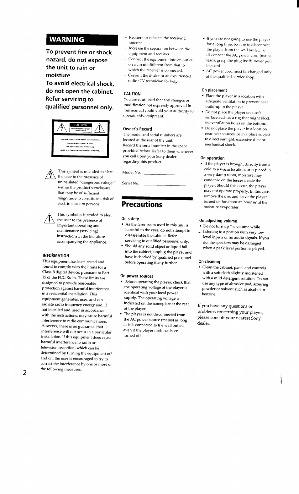 Warning, Information, Caution | Owner's record, Precautions, On safety, On power sources, On placement, On operation, On adjusting volume | Sony CDP-361 User Manual | Page 2 / 12