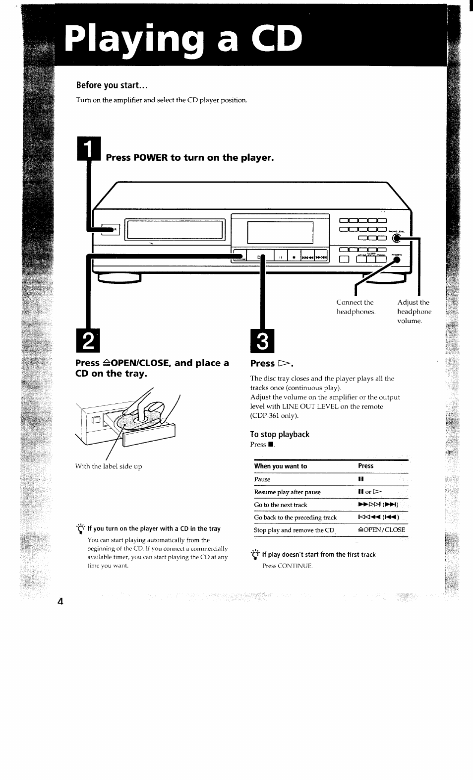 Playing a cd, Before you start, Press power to turn on the player | Press ^open/close, and place a cd on the tray, Press o | Sony CDP-361 User Manual | Page 4 / 12