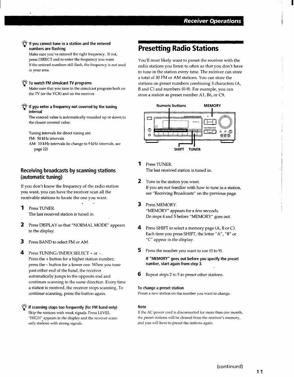 Q' to watch fm simulcast tv programs, Presetting radio stations, To change a preset station | Note, Receiver operations | Sony STR-D965 User Manual | Page 11 / 28